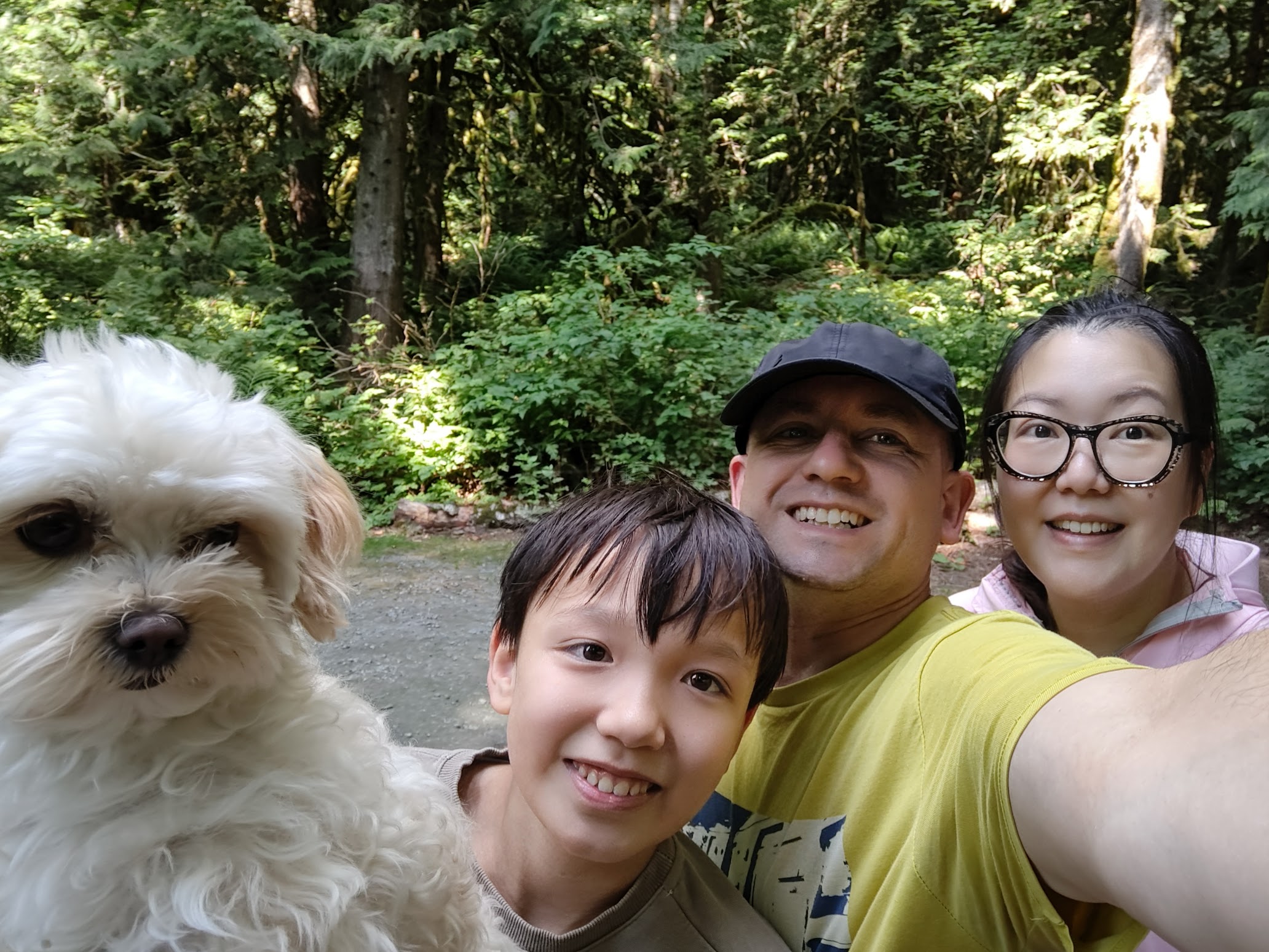 Ethan hiking in the forest with his family and dog